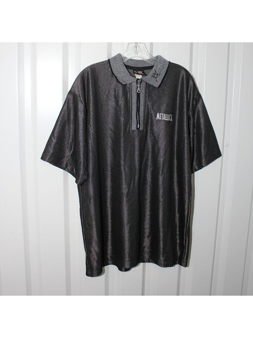 Vintage 90s Mens Metallica Giant Zip Neck Polo Black Shiny Size XL Concert